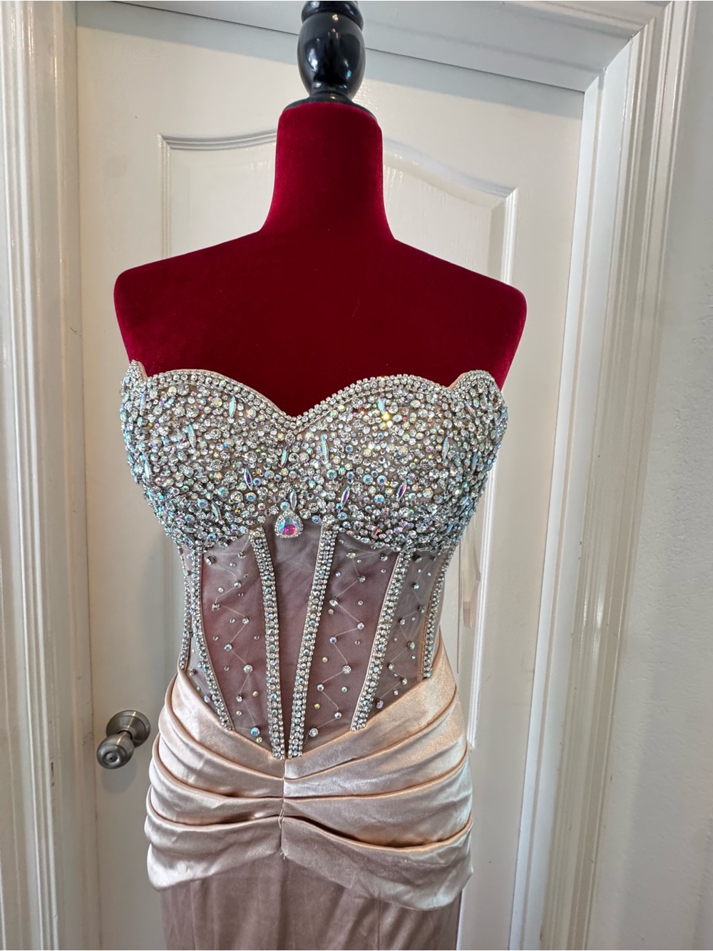 NWT Jovani Glamorous Satin Gown with Embellished Bodice in Champagne D5409 2026